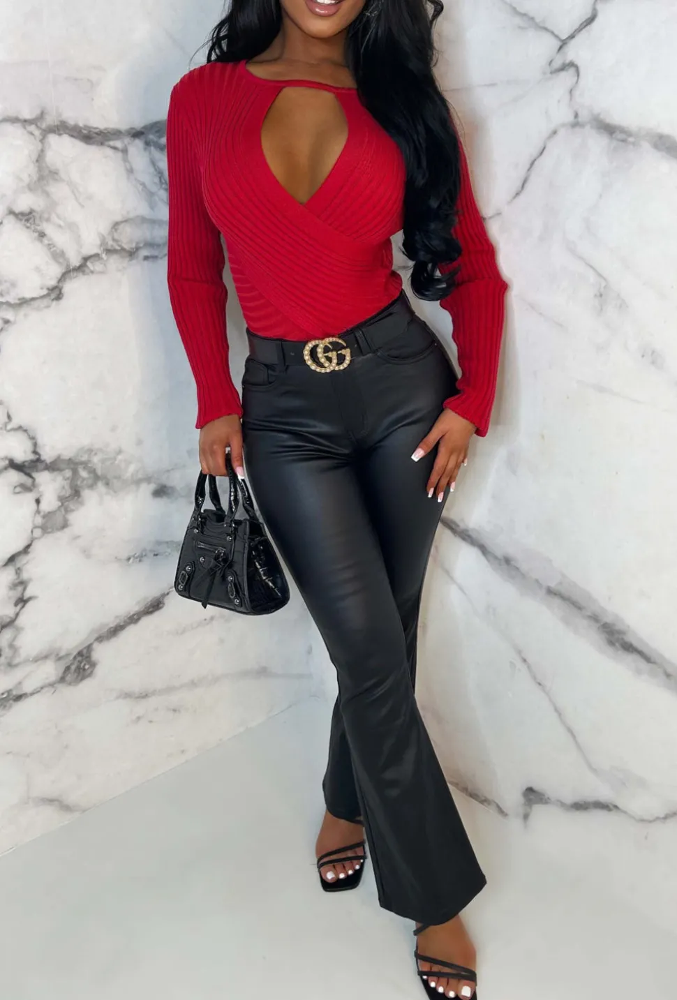 Ready & Waiting Black Stretch Flared Faux Leather Jeans