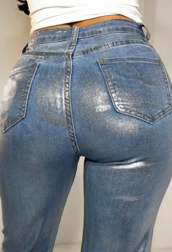 Reflection Of Love Mid Blue Iridescent Stretch Metallic Wide Leg Jeans
