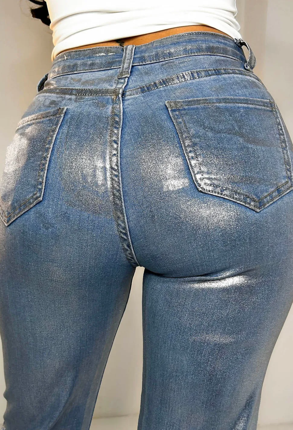 Reflection Of Love Mid Blue Iridescent Stretch Metallic Wide Leg Jeans