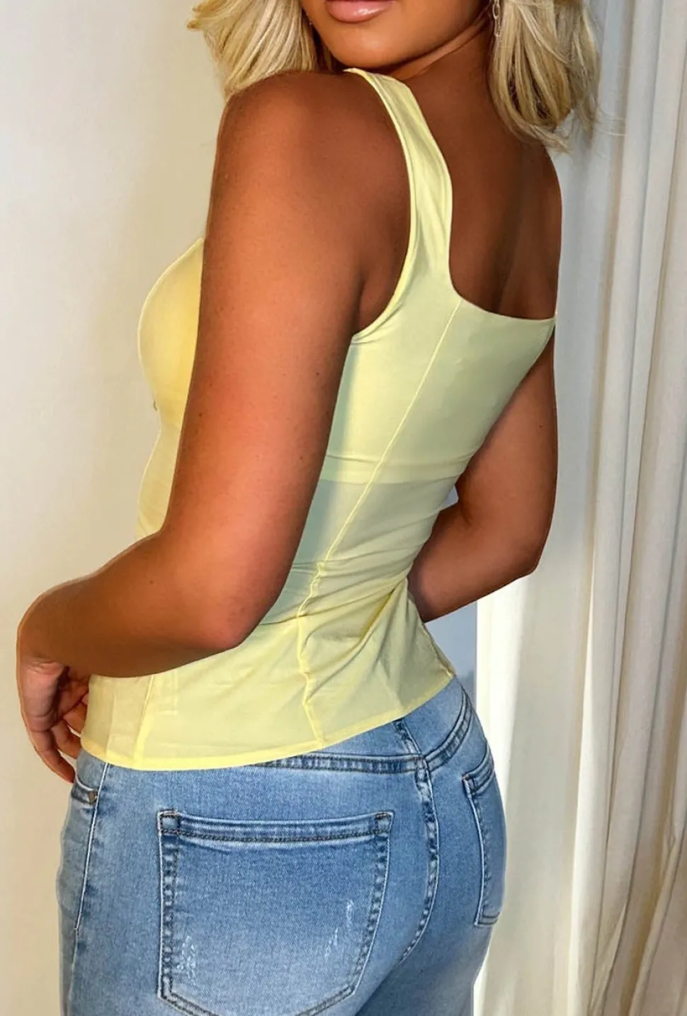 Regal Romance Yellow Lace Up Stretch Square Neck Corset Top
