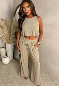 Regine Taupe Plisse Top And Trouser Co-Ord