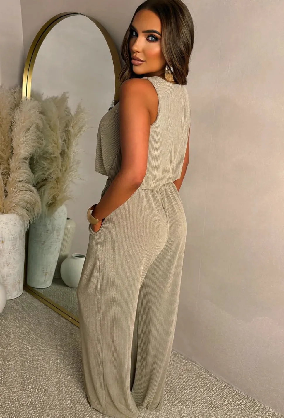 Regine Taupe Plisse Top And Trouser Co-Ord