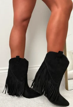 Ride Em Cowboy Black Faux Suede Tassel Boots