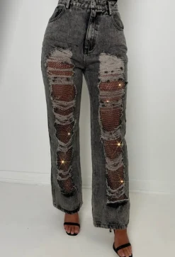 Ripped & Ready Black Ripped Jeans With Diamante Mesh