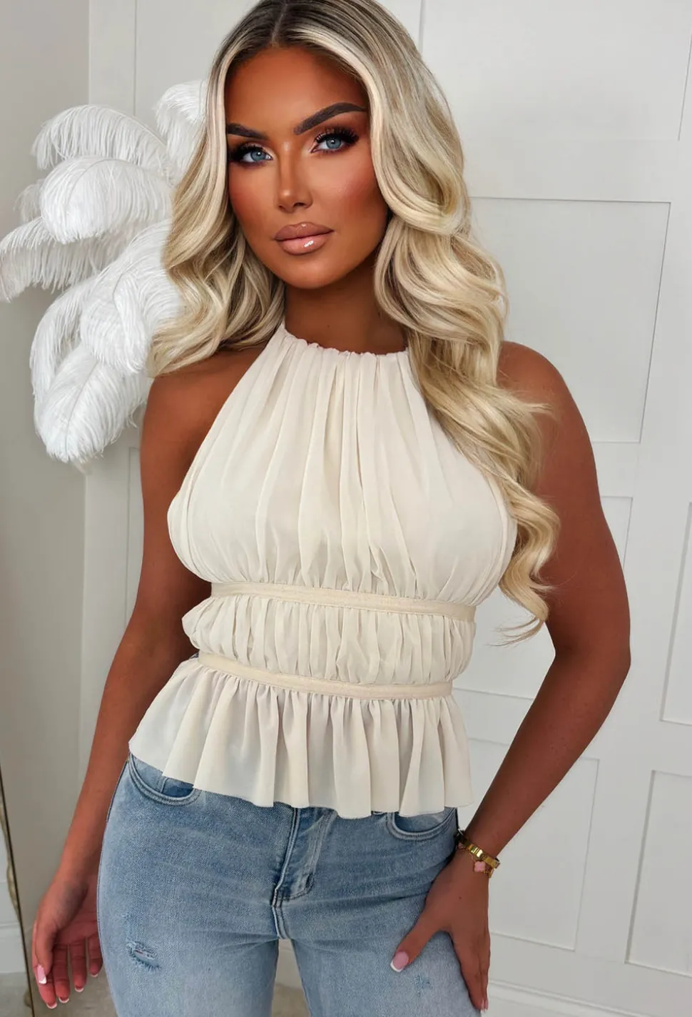 Riviera Dreaming Cream Halter Neck Ruched Top