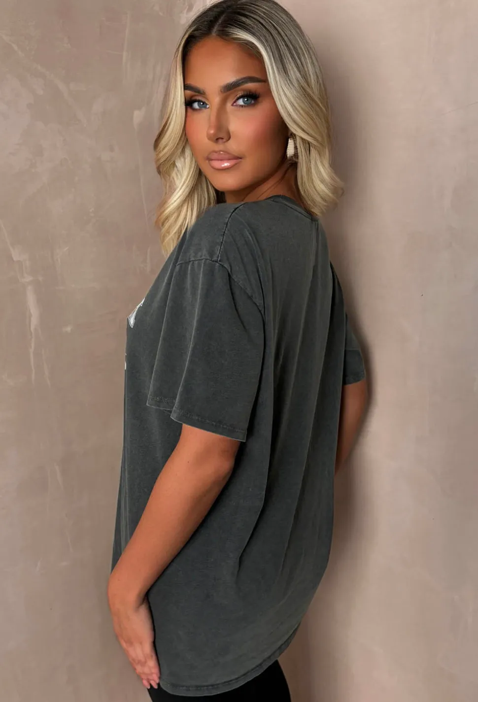 Rock Babe Grey New York Slogan Acid Wash T-Shirt