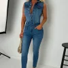 Rodeo Drive Chic Mid Wash Stretch Sleeveless Denim Jumpsuit