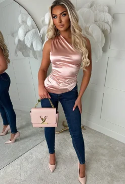 Romance Dreams Rose Gold Stretch Satin Ruched One Shoulder Top