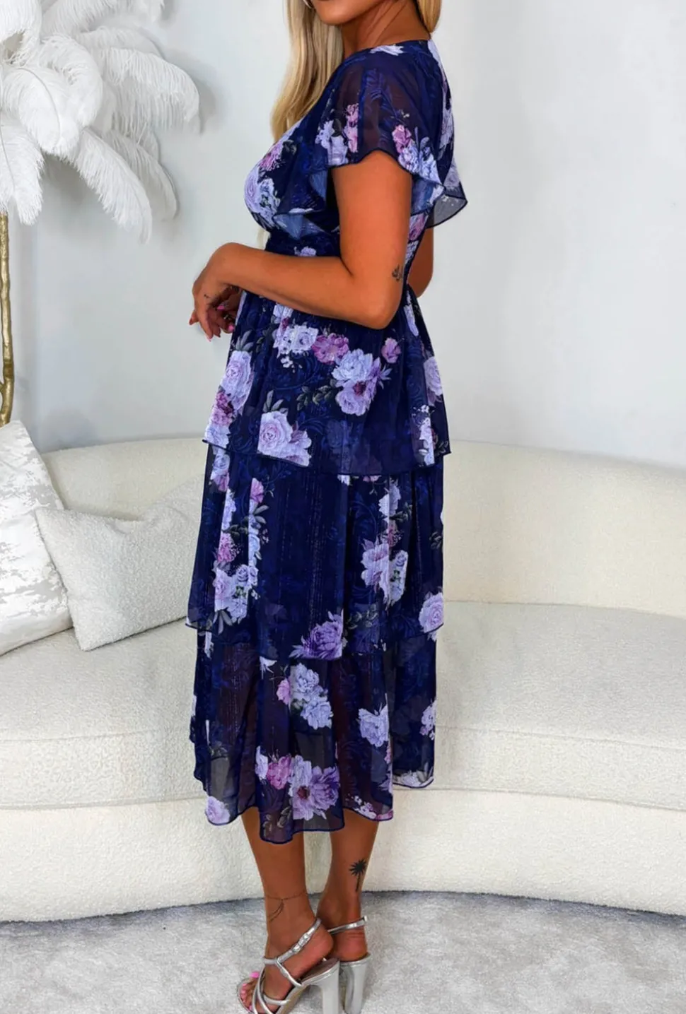 Romantic Deluxe Navy Floral Shirred Stretch Waist Frilled Midi Dress