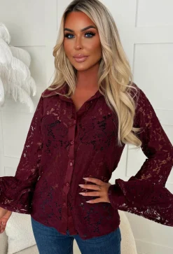 Romantic Energy Burgundy Lace Flared Sleeve Blouse