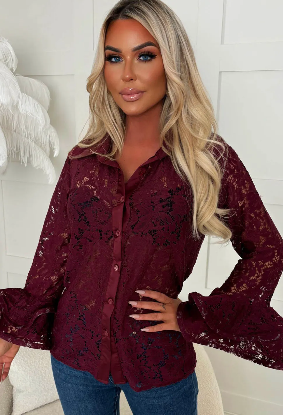 Romantic Energy Burgundy Lace Flared Sleeve Blouse
