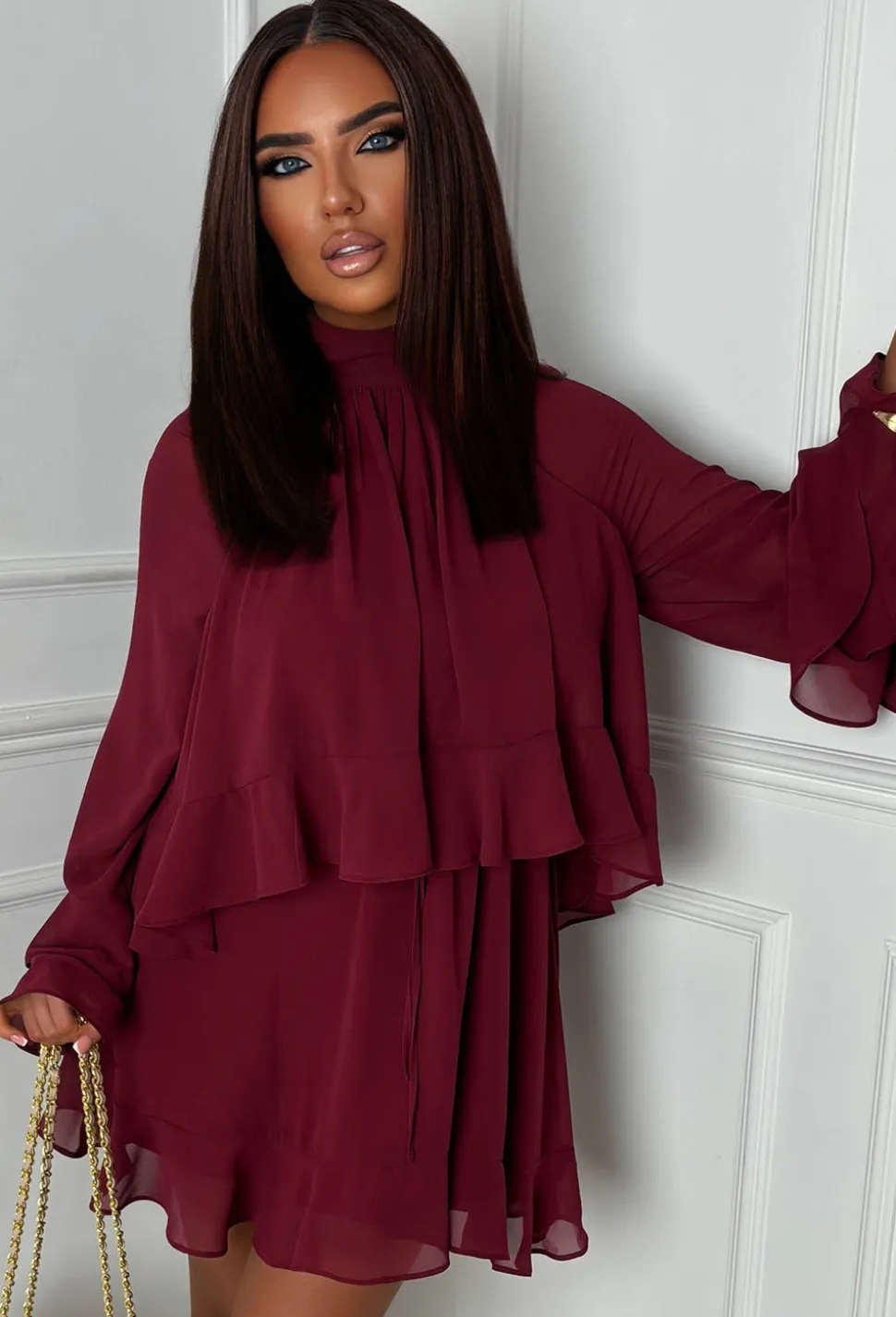 Romantic Frills Burgundy Frill Georgette Dress