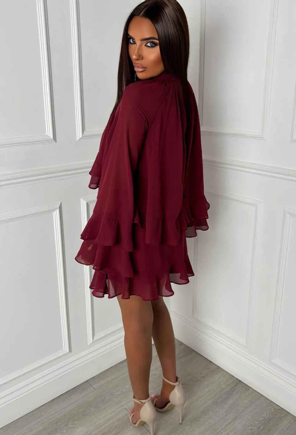 Romantic Frills Burgundy Frill Georgette Dress