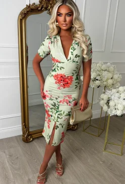Rose Allure Multi Floral Print Ruched Front Midi Dress