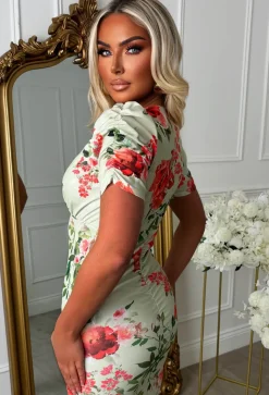 Rose Allure Multi Floral Print Ruched Front Midi Dress