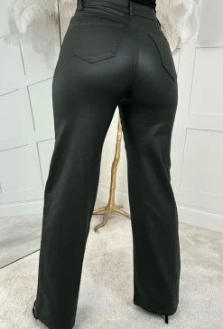 Roxie Khaki Faux Leather Stretch Wide Leg Jeans