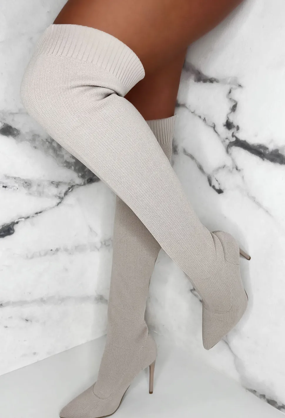 Roxxie Cream Stretch Knit Over The Knee Boots