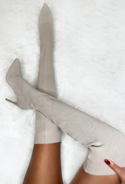 Roxxie Cream Stretch Knit Over The Knee Boots
