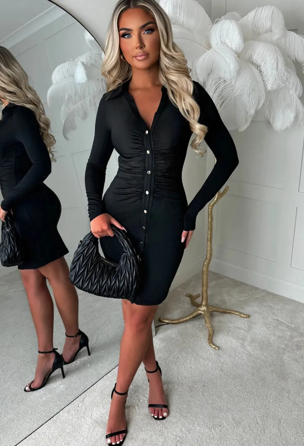 Ruched Forever Black Ruched Front Shirt Dress