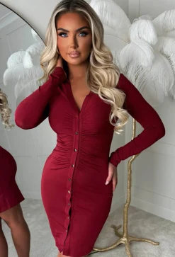 Ruched Forever Burgundy Ruched Front Shirt Dress