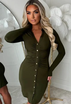 Ruched Forever Khaki Ruched Front Shirt Dress