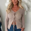 Rylee Beige Ultra Soft Tie Up Rib Knit Cardigan