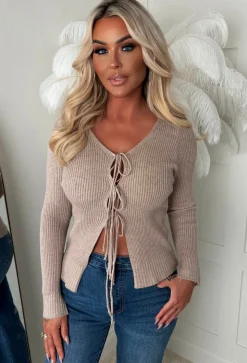 Rylee Beige Ultra Soft Tie Up Rib Knit Cardigan