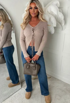 Rylee Beige Ultra Soft Tie Up Rib Knit Cardigan