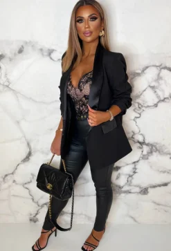 Satin Chic Black Satin Trim Shawl Neck Ruched Sleeve Blazer
