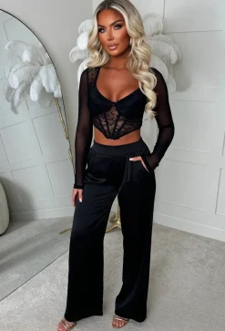 Satin Days Black Satin Elasticated Wide Leg Trousers