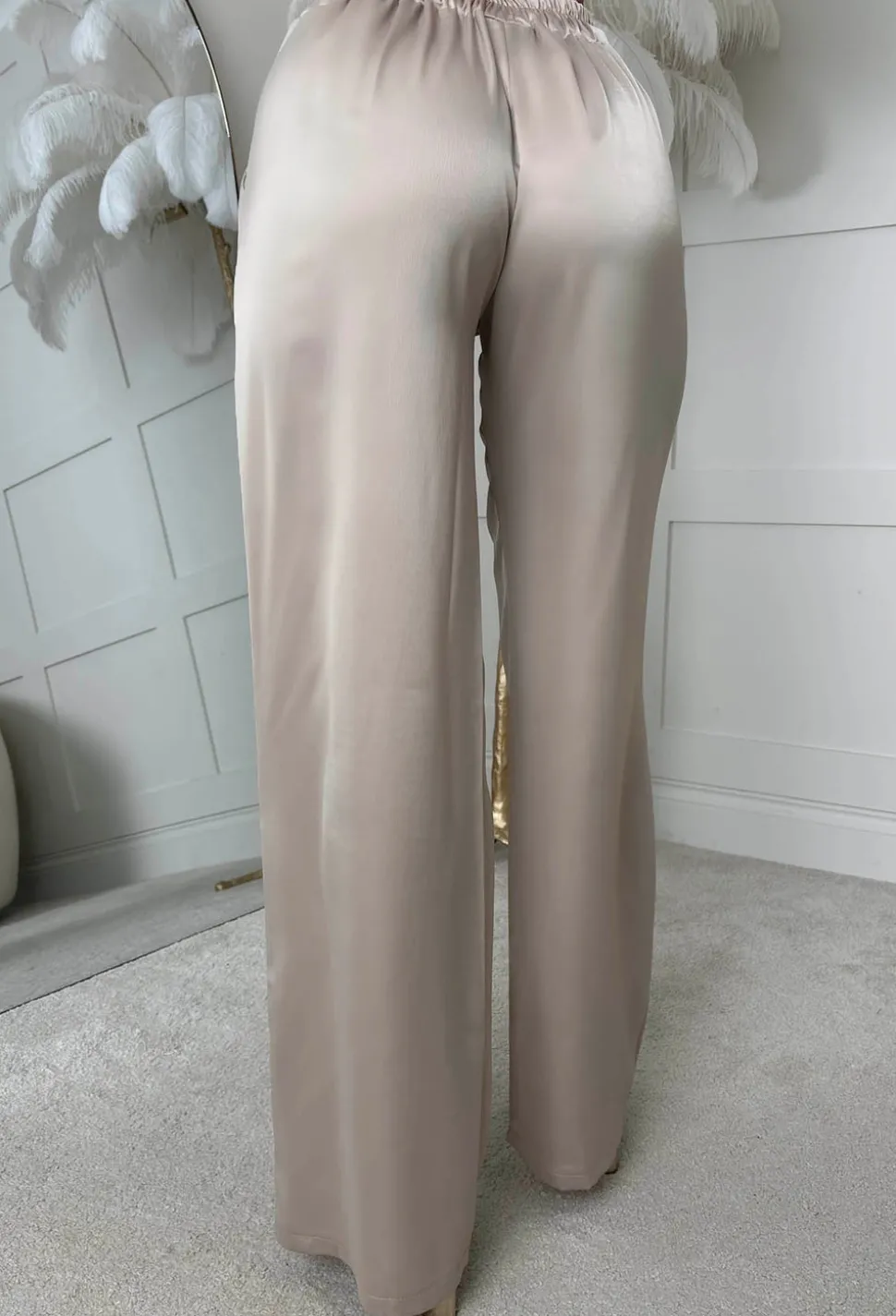 Satin Days Champagne Satin Elasticated Wide Leg Trousers