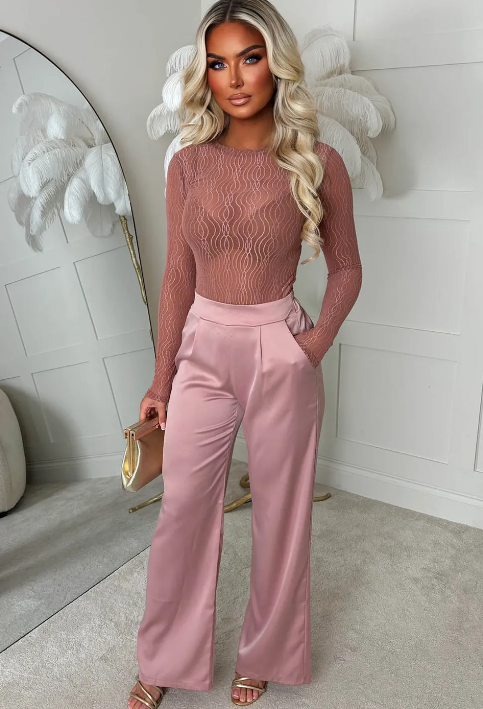Satin Days Light Pink Satin Elasticated Wide Leg Trousers