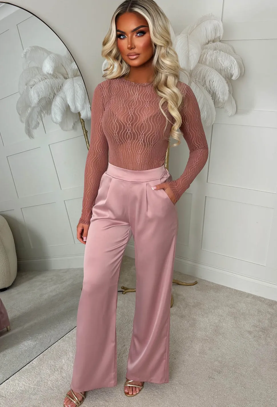 Satin Days Light Pink Satin Elasticated Wide Leg Trousers