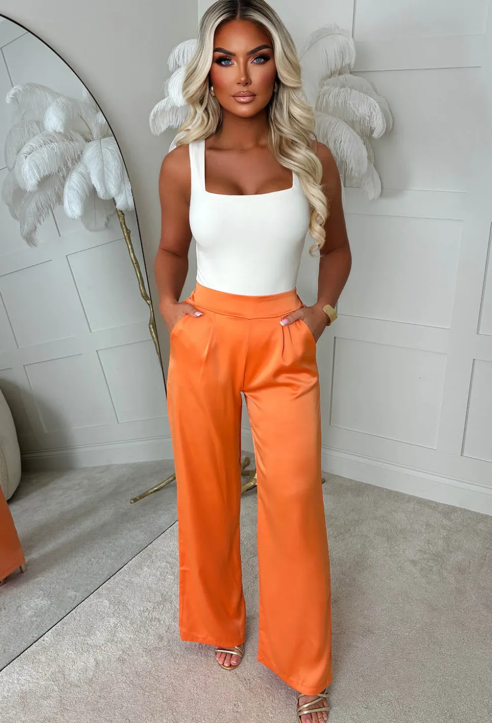 Satin Days Orange Satin Elasticated Wide Leg Trousers