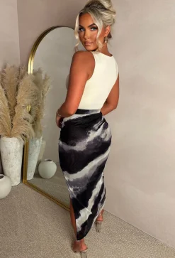 Seductive Diva Black Marble Printed Stretch Mesh Split Skirt