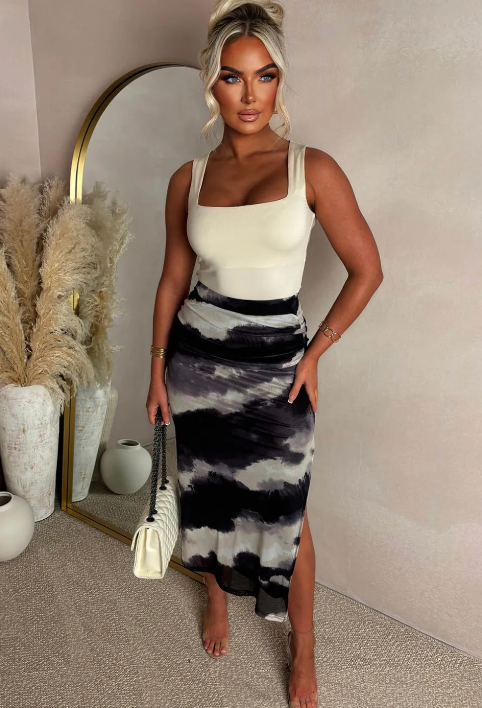 Seductive Diva Black Marble Printed Stretch Mesh Split Skirt