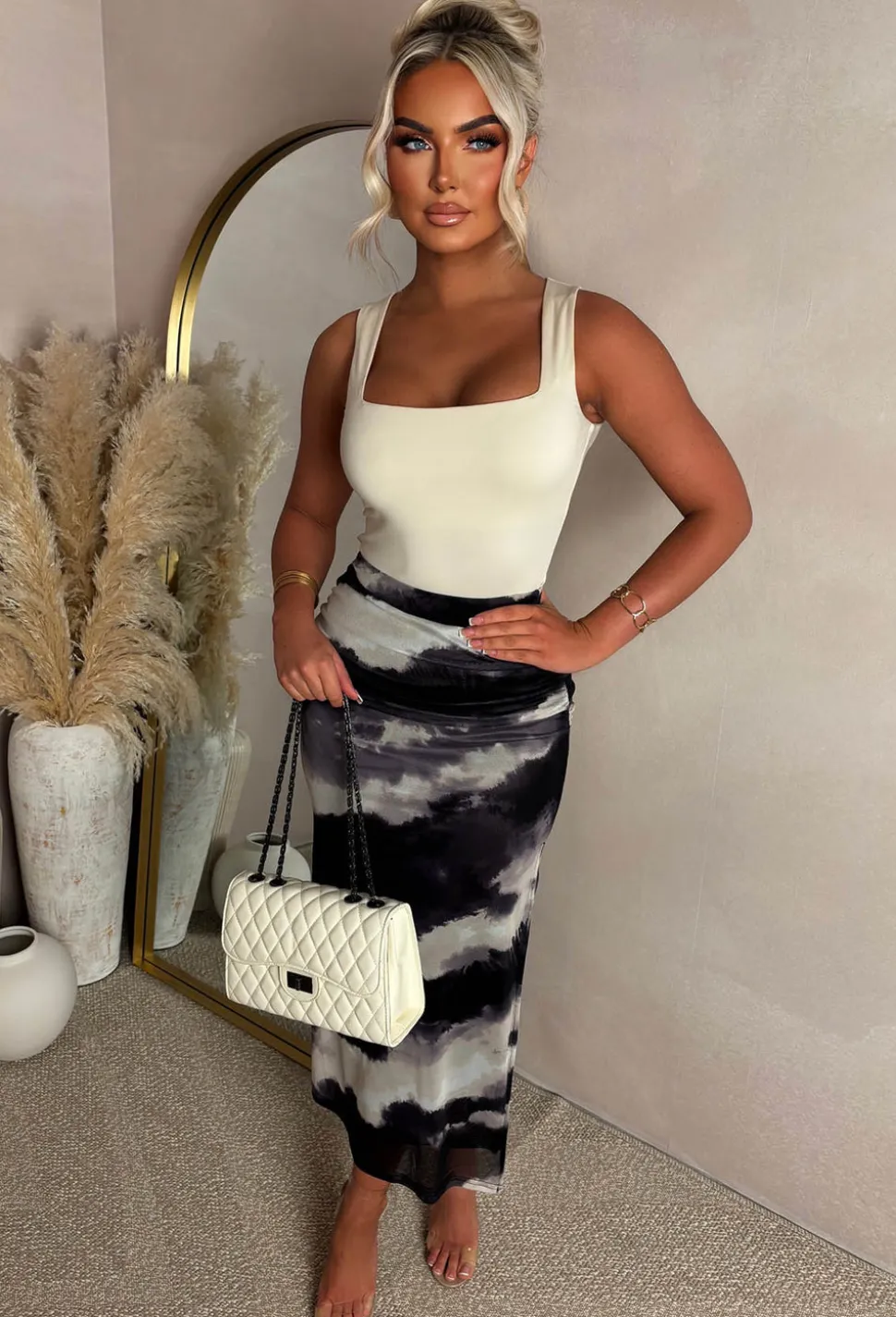 Seductive Diva Black Marble Printed Stretch Mesh Split Skirt