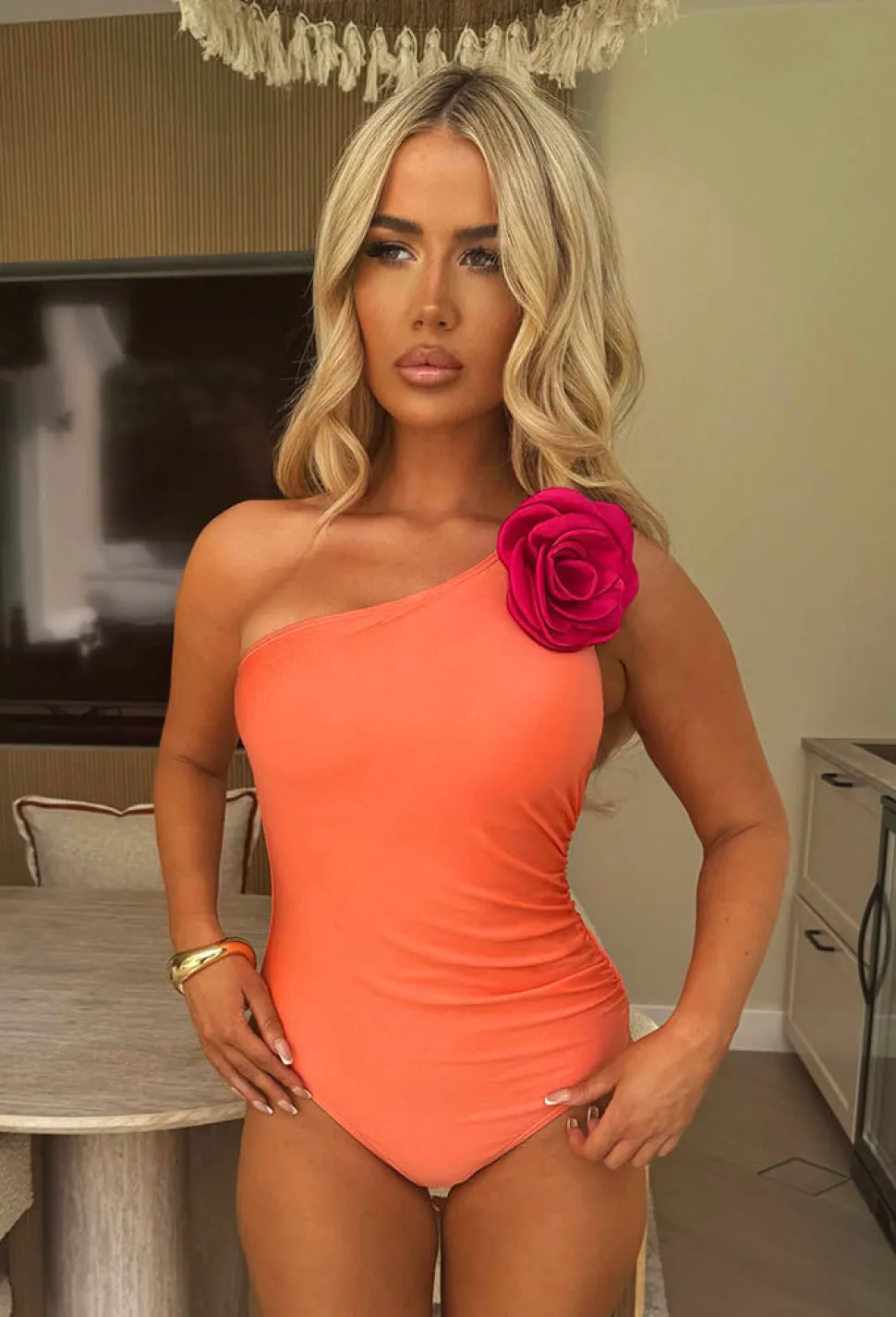 Seville Coral One Shoulder Ruched Swimsuit Removable Corsage