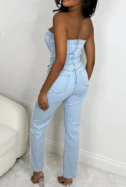 Sexy Blues Light Blue Stretch Denim Bandeau Jumpsuit