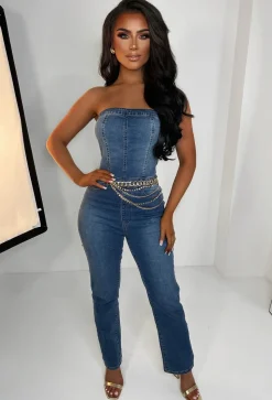 Sexy Blues Mid Blue Stretch Denim Bandeau Jumpsuit