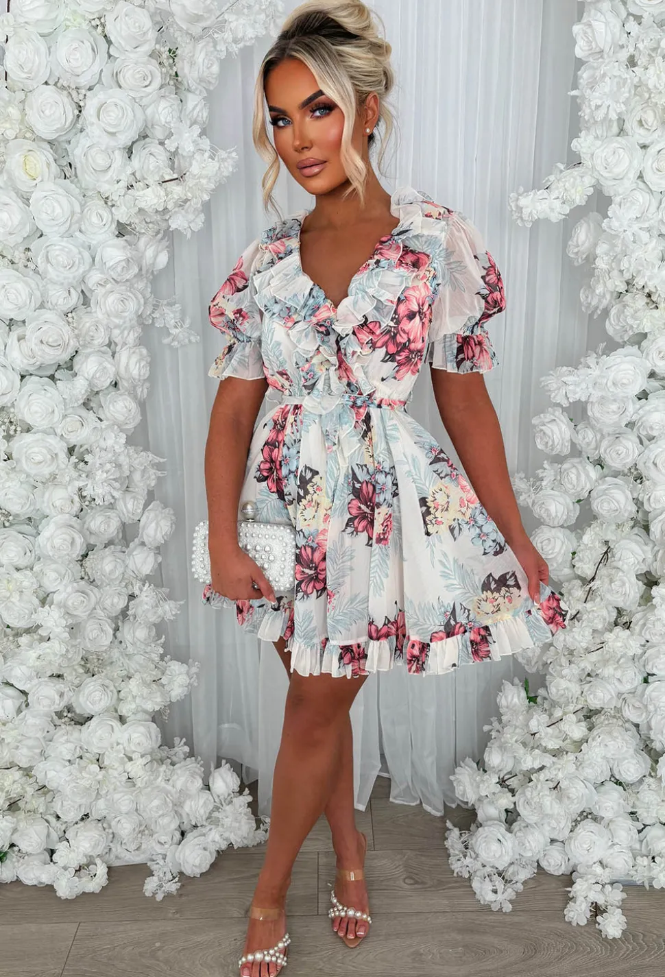 Sheer Delight Multi Frill Front Floral Print Dress