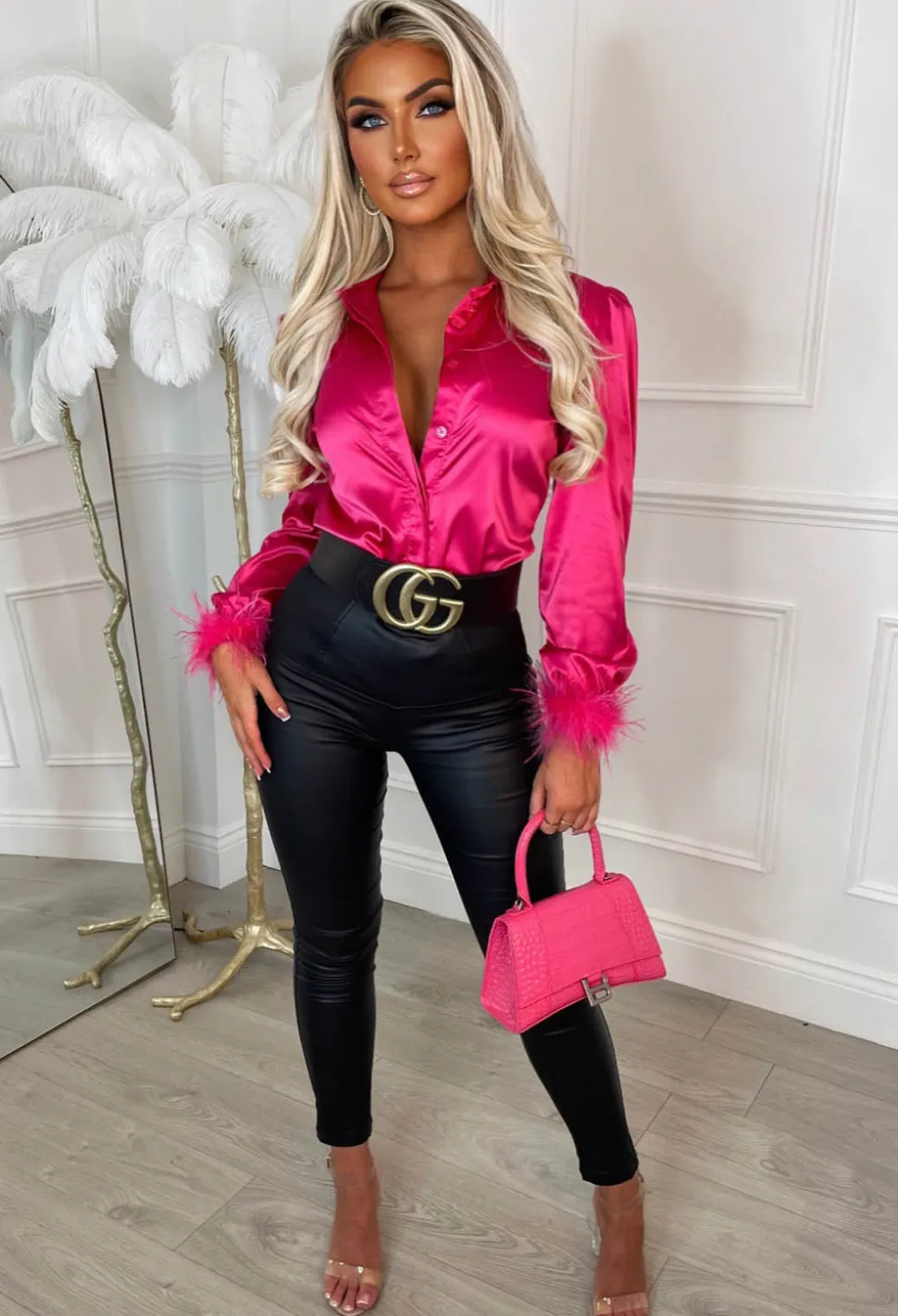 She's Got It All Hot Pink Feather Trim Satin Shirt