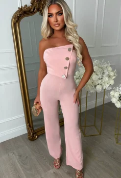 Slay Bae Pink Button Bandeau Jumpsuit