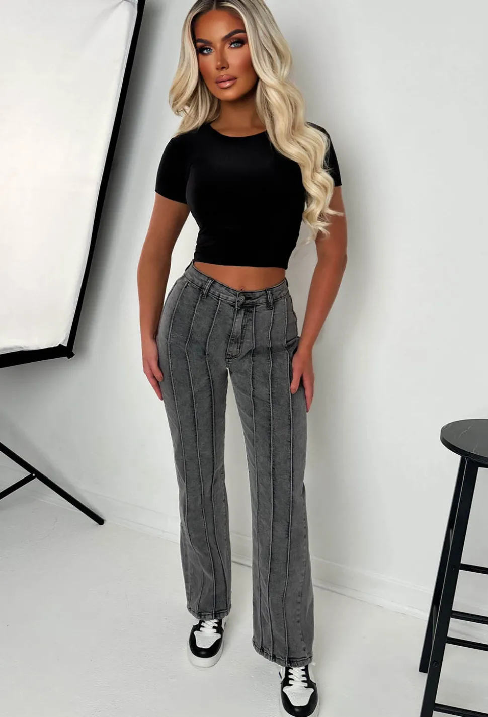 Slim Pickings Black Stitch Seamed Stretch Straight Leg Jeans