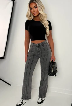 Slim Pickings Black Stitch Seamed Stretch Straight Leg Jeans