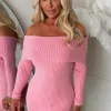 So Cosy Baby Pink Bardot Ultra Soft Mini Knitted Dress