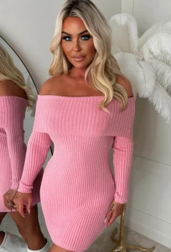 So Cosy Baby Pink Bardot Ultra Soft Mini Knitted Dress