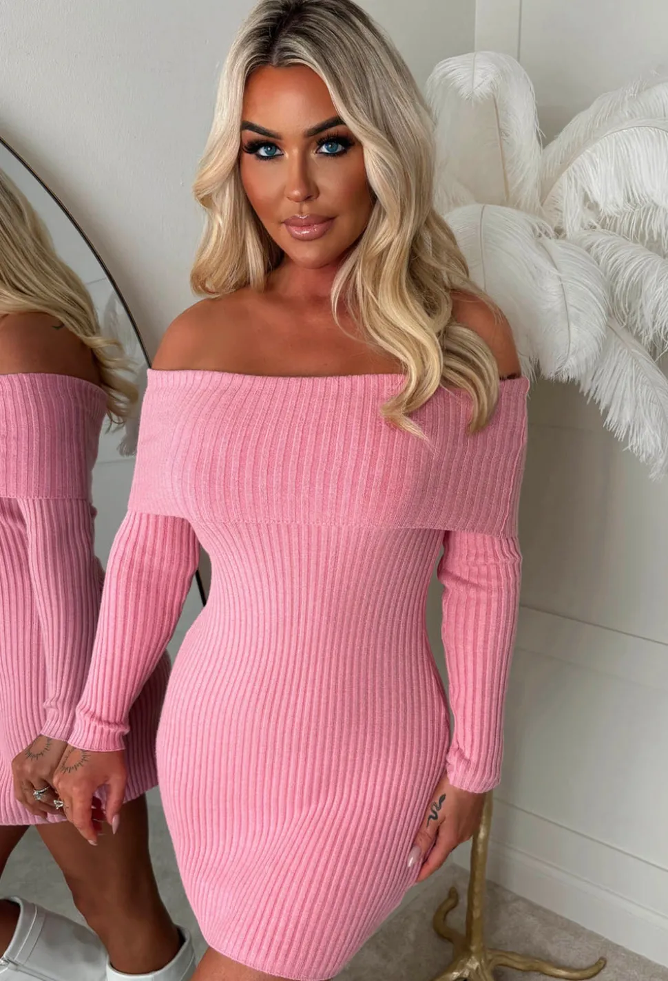 So Cosy Baby Pink Bardot Ultra Soft Mini Knitted Dress