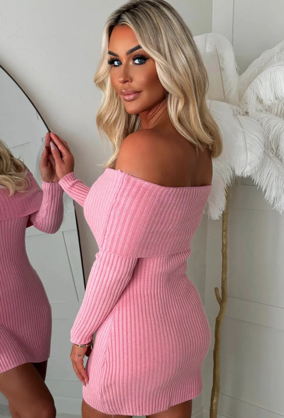 So Cosy Baby Pink Bardot Ultra Soft Mini Knitted Dress