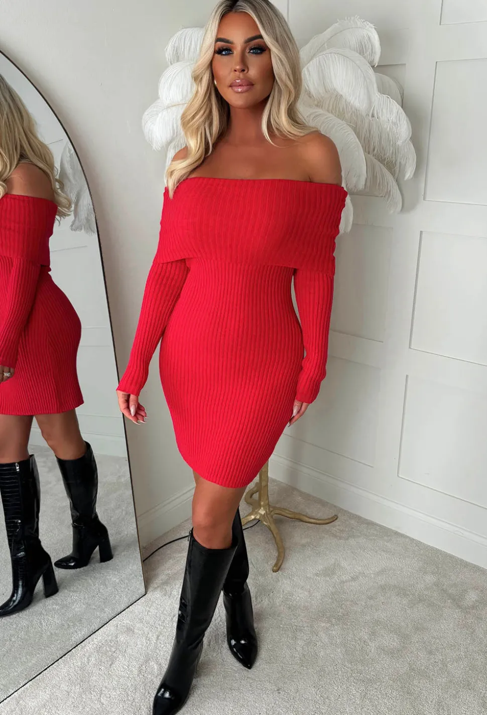 So Cosy Red Bardot Ultra Soft Knitted Dress